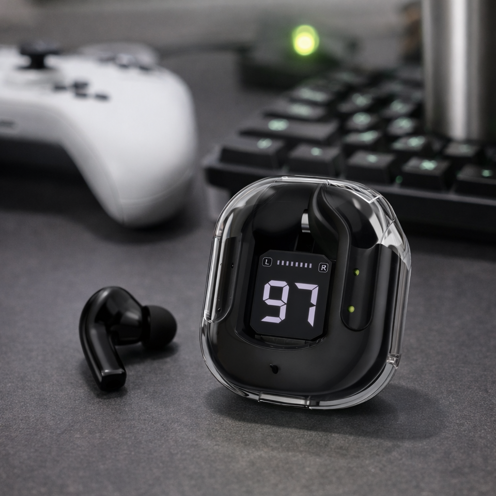 Black Wireless Bluetooth Earbuds with LED Battery Display
