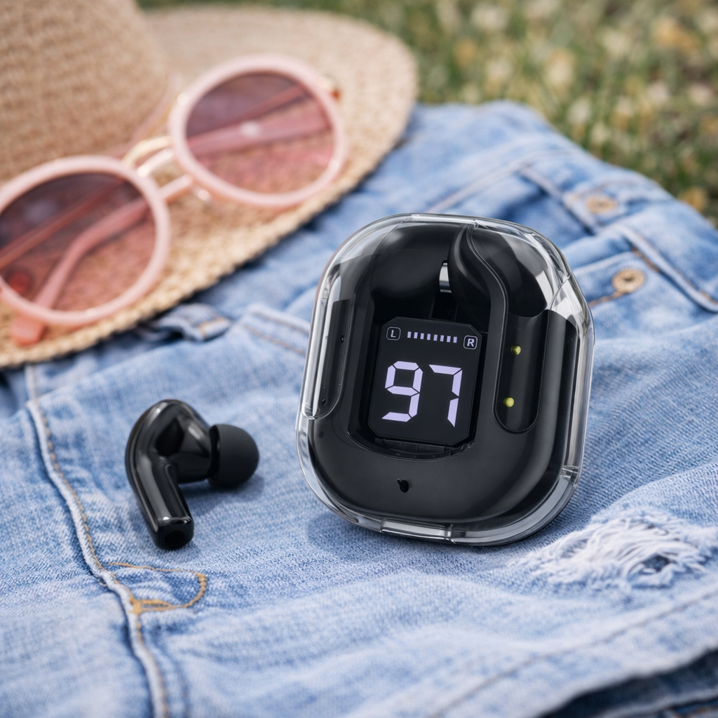 Black Wireless Bluetooth Earbuds with LED Battery Display