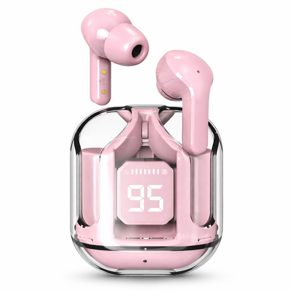 Pink Wireless Bluetooth Earbuds with LED Battery Display