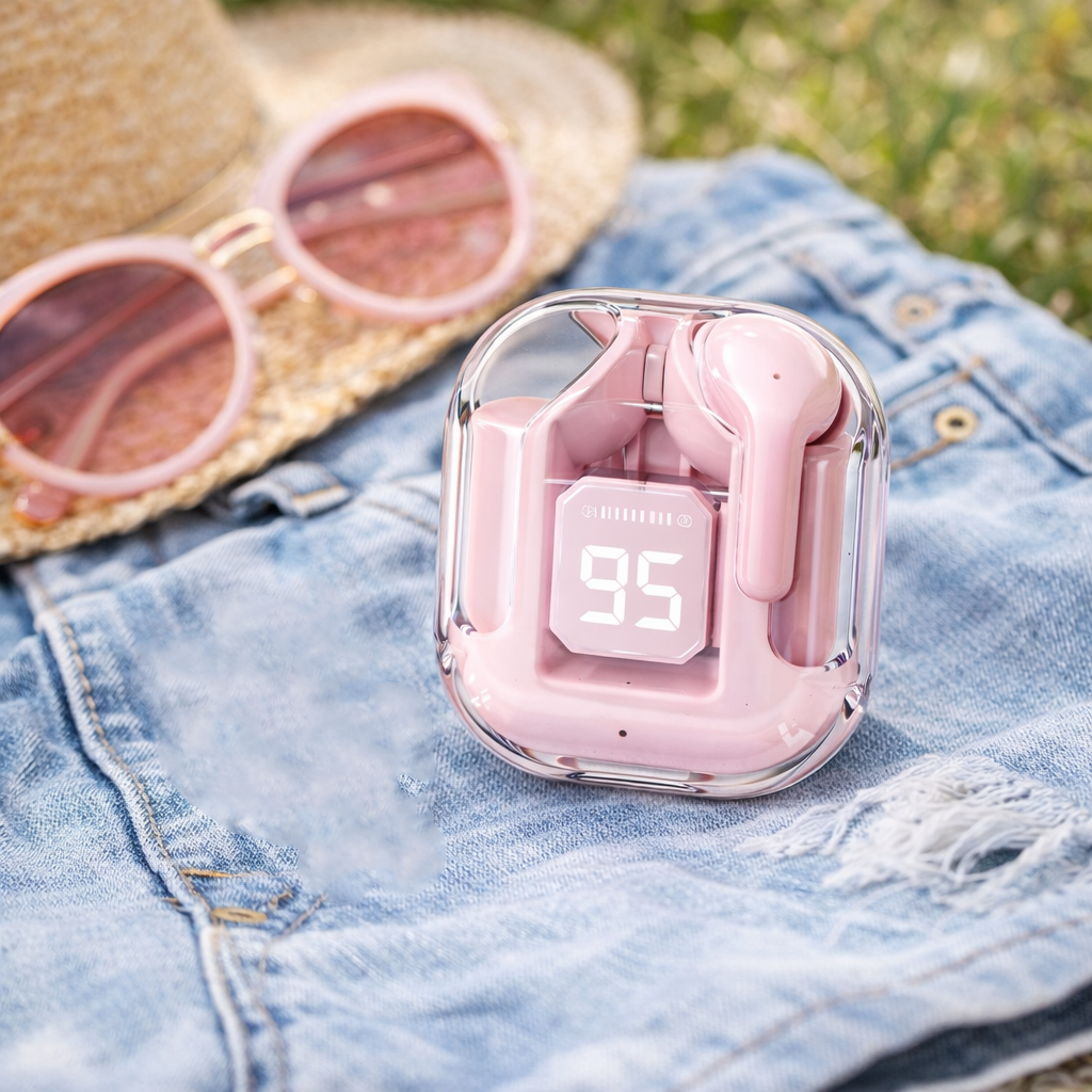 Pink Wireless Bluetooth Earbuds with LED Battery Display