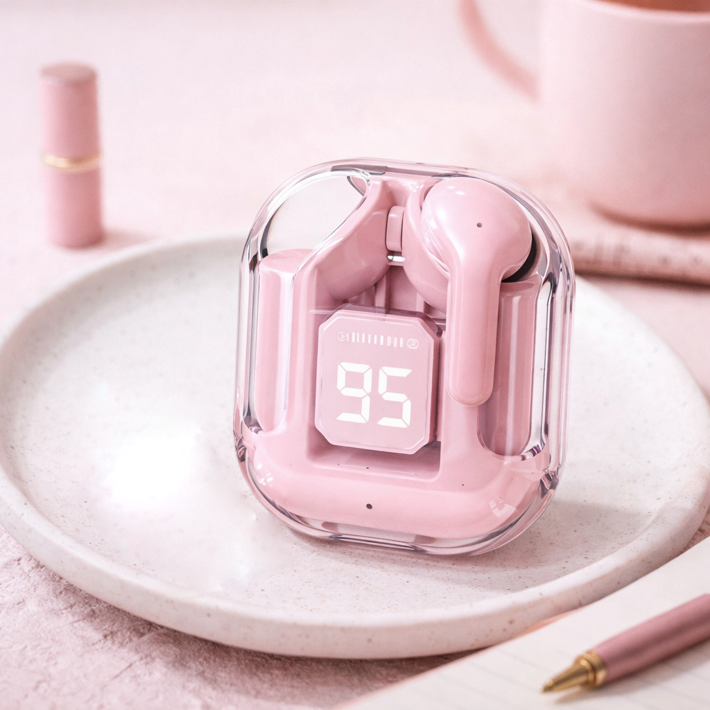 Pink Wireless Bluetooth Earbuds with LED Battery Display